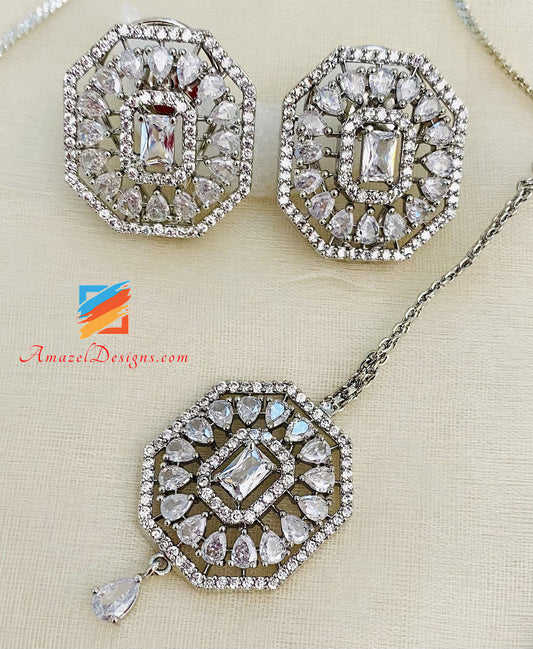 Silver American Diamond AD Necklace Studs Earrings Tikka Set