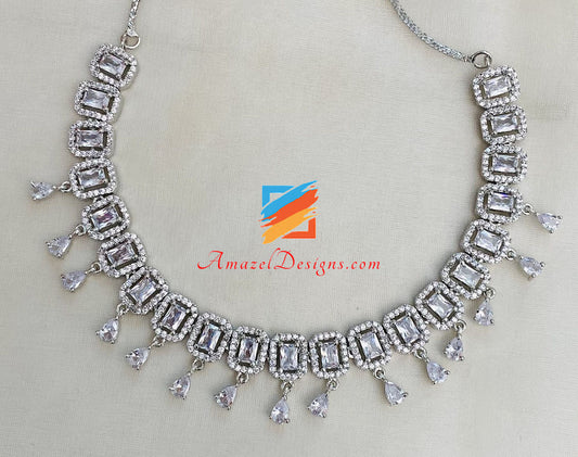 Silver American Diamond AD Single Line Necklace Set