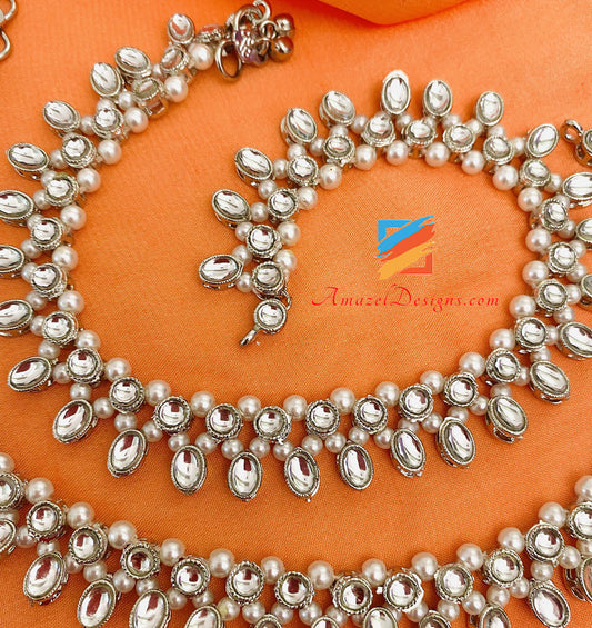 Silver American Diamond AD White Beads Payal