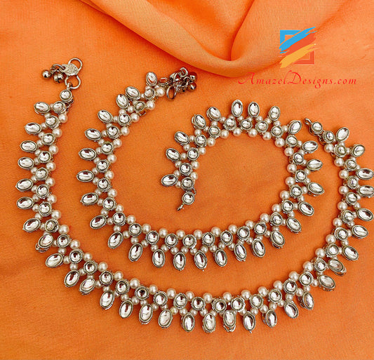 Silver American Diamond AD White Beads Payal