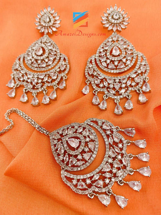 Silver American Diamond Earrings Tikka Set