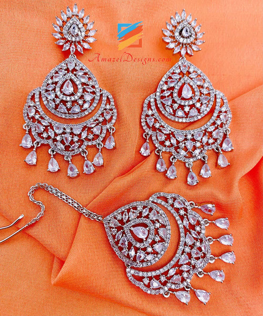 Silver American Diamond Earrings Tikka Set