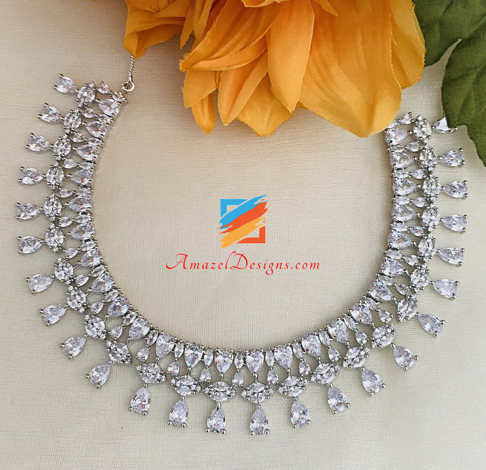 Silver American Diamond AD Necklace And Earrings Set