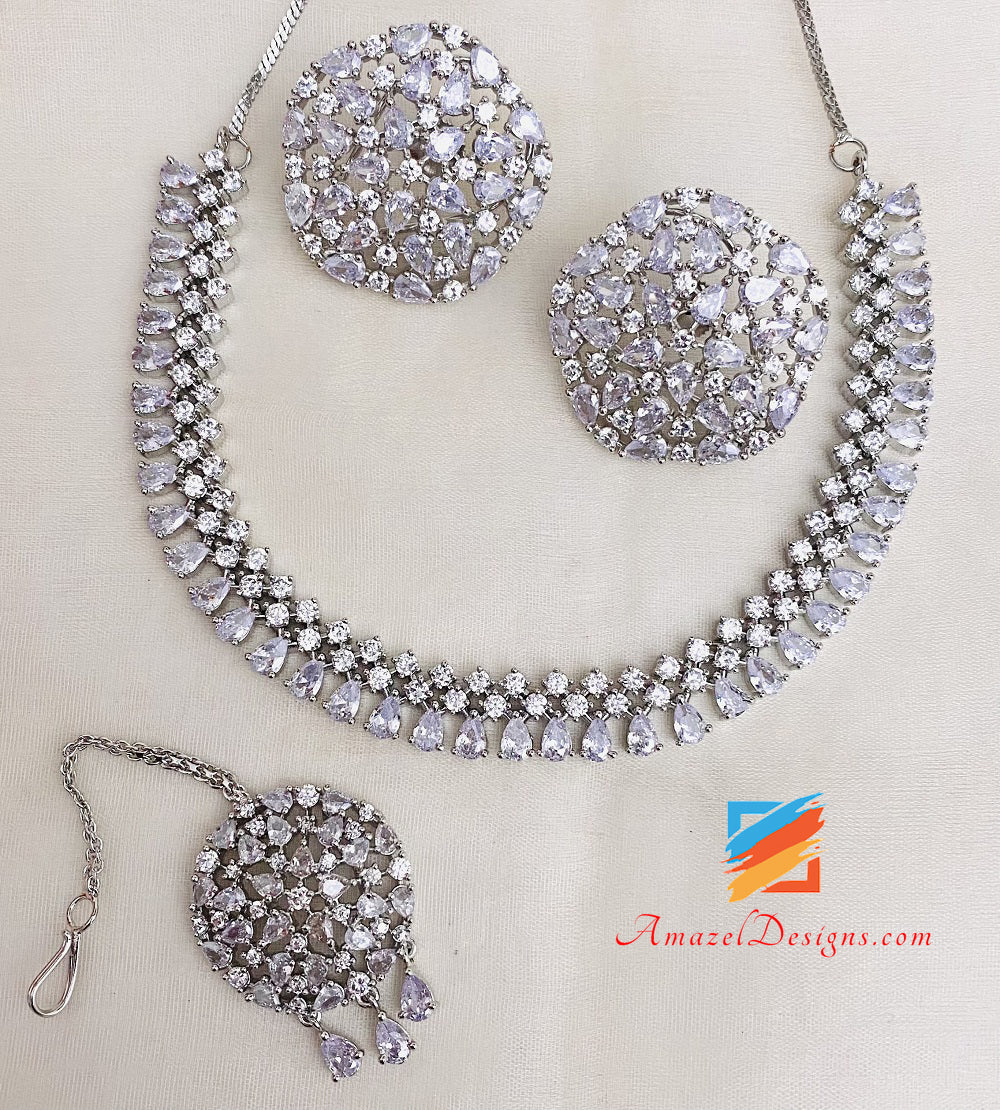 Silver American Diamond Studs Tikka and Single Line Necklace Set