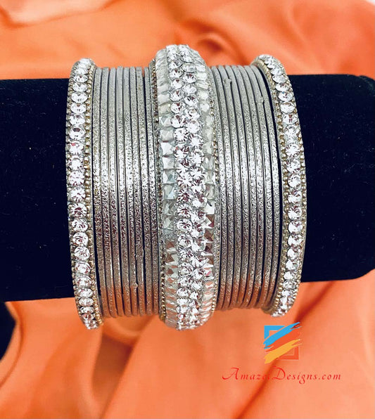 Silver Bangles And Shiny Stone Kada Set