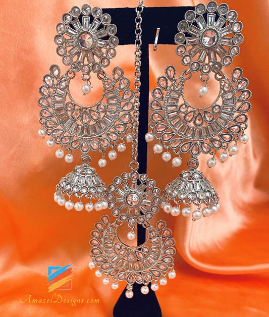 Silver Earrings with Jhumki and Tikka Set