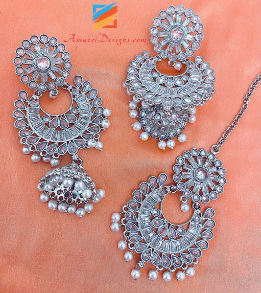 Silver Earrings with Jhumki and Tikka Set