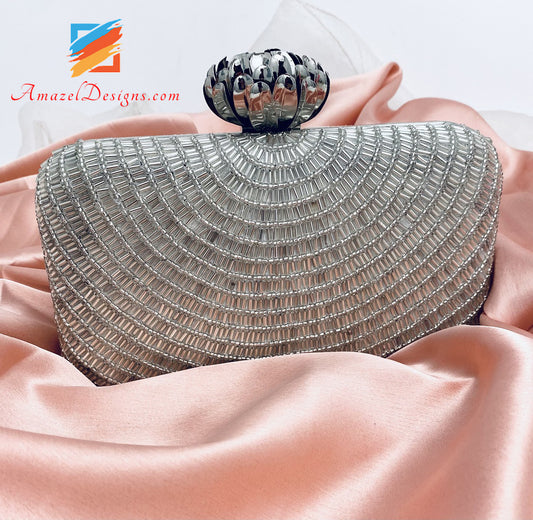 Silver Firoski One Side Nalki Pipe Beads Work Clutch