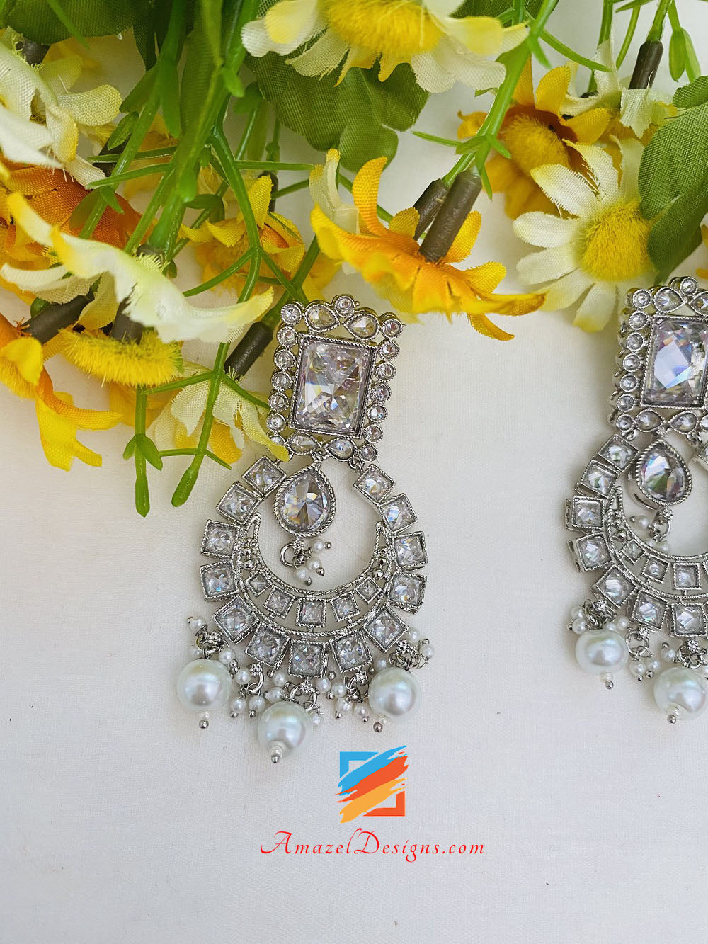 Silver Flexible Polki Monalisa Necklace Earrings Tikka Set