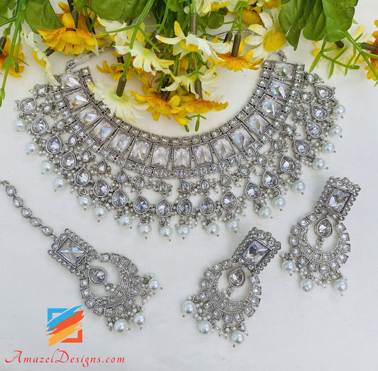 Silver Flexible Polki Monalisa Necklace Earrings Tikka Set