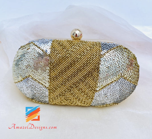 Silver Golden All Over Sitara Nalki Work Pochette ovale 