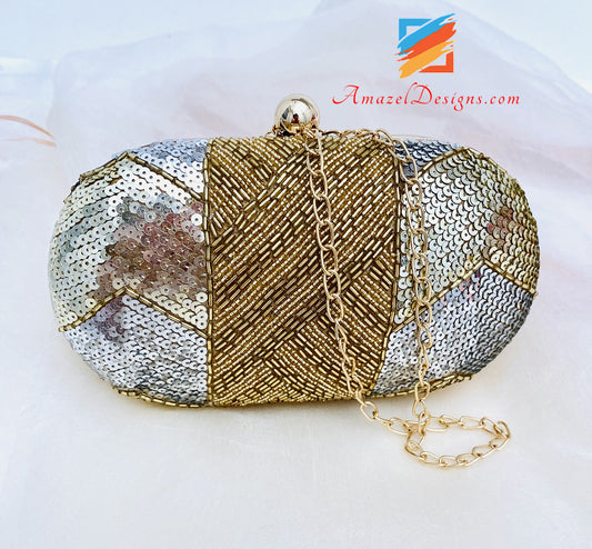 Silber-goldene ovale Sitara-Clutch von Nalki Work 