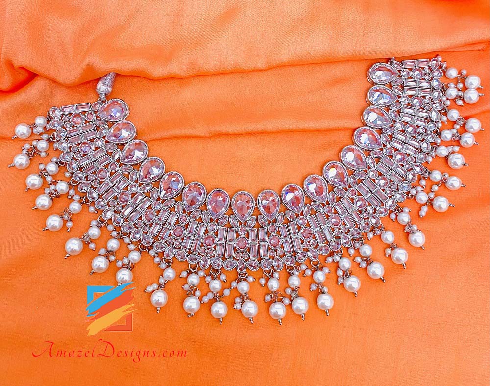 Silver High Quality Polki Necklace Earrings Tikka Set