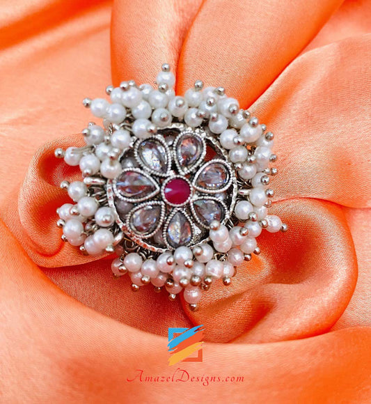 Anello regolabile in argento con perla Polki rosa caldo (magenta).