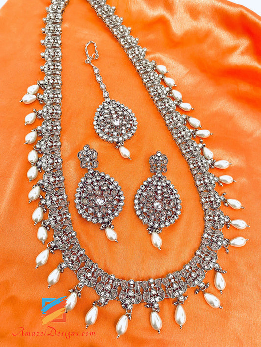 Polki Silver Long Haar With White Pearls Earrings Tikka Set