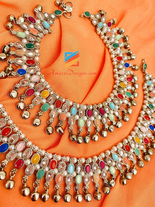 Argento Multicolore Polki Ghungroo Payal 