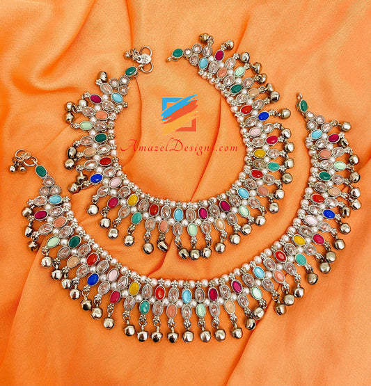 Silver Multicoloured Polki Ghungroo Payal