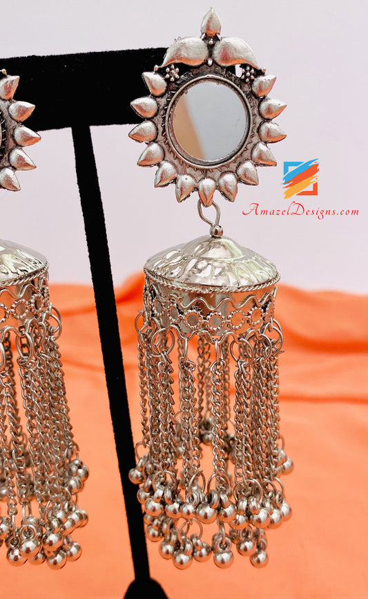 Silver Oxidized Super Lightweight Mirror Tassels Earrings