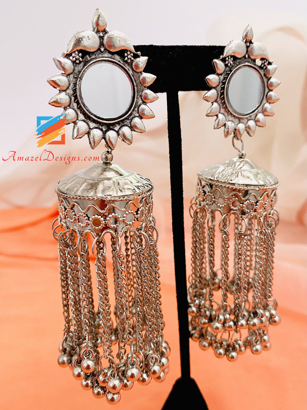 Silver Oxidized Super Lightweight Mirror Tassels Earrings