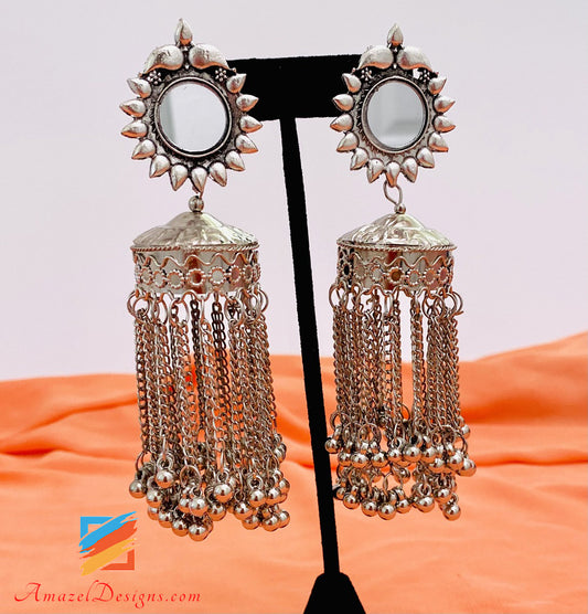 Silver Oxidized Super Lightweight Mirror Tassels Earrings