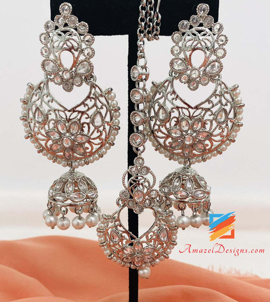 Silver Polki Earrings With Jhumki and Tikka Set