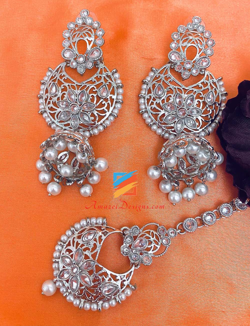 Silver Polki Earrings With Jhumki and Tikka Set