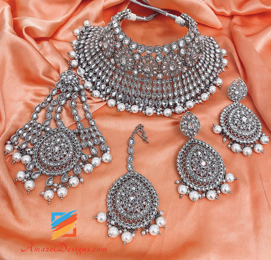 Silver Polki Flexible Necklace Earrings Tikka Jhumer Set