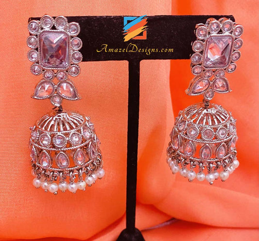 Silver Polki Jhumki Earrings Tikka Set