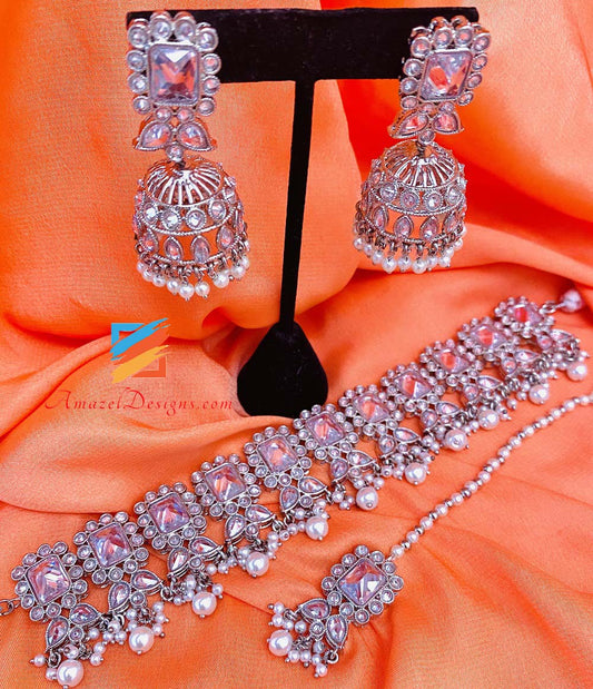 Silver Polki Jhumki Earrings Tikka Set