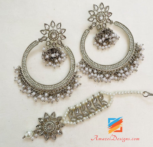 Silver Polki Long Mala Earrings Tikka Set