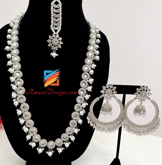 Silver Polki Long Mala Earrings Tikka Set