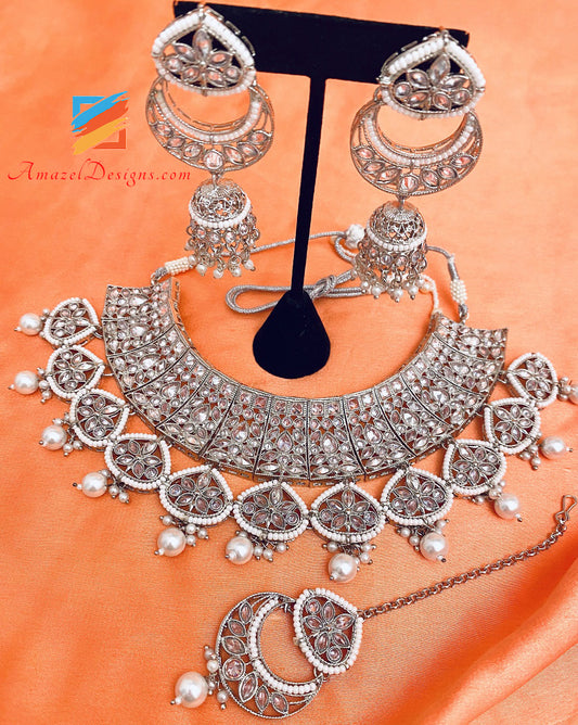 Silber Polki Halskette Chandbali Jhumki Ohrringe Tikka Set 