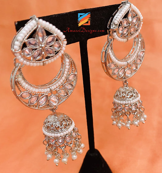 Silber Polki Halskette Chandbali Jhumki Ohrringe Tikka Set 