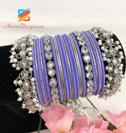 Silver Polki Pearly Kada And Purple Bangles Set