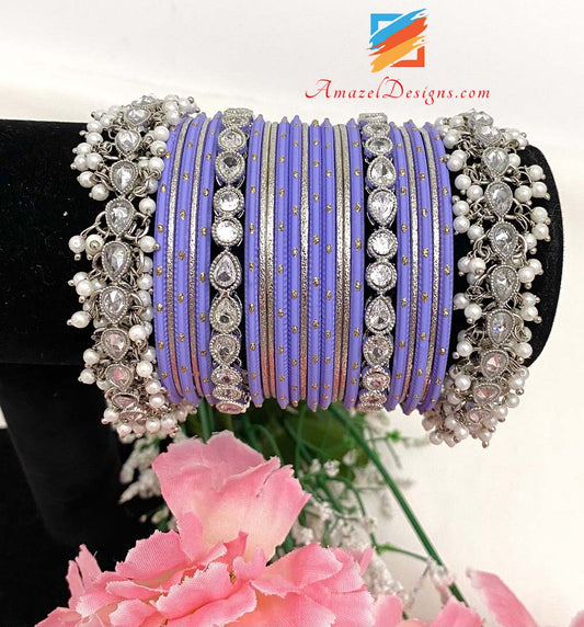 Silver Polki Pearly Kada And Purple Bangles Set