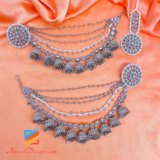 Borchie Polki Argento Con Strato Di Jhumkis Set Sharas Tikka Staccabile 