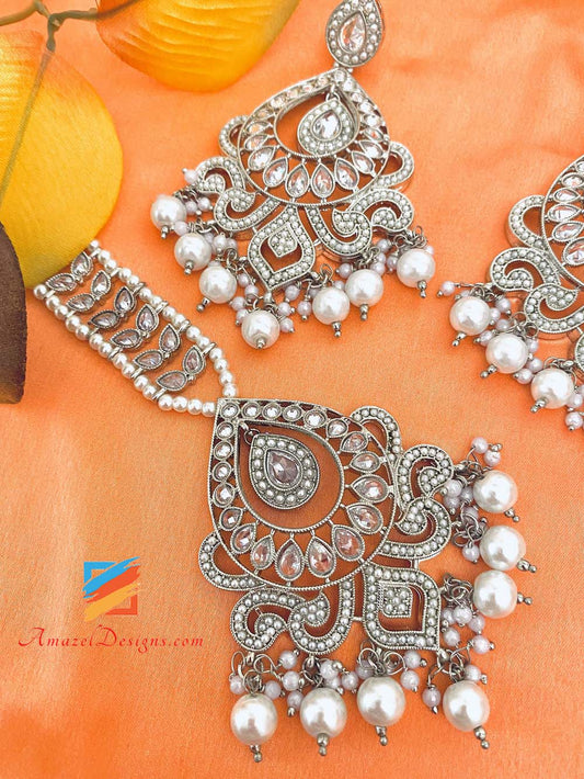 Silver Polki White Beads Earrings Tikka Set