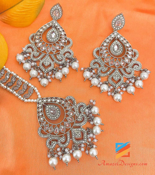 Silver Polki White Beads Earrings Tikka Set