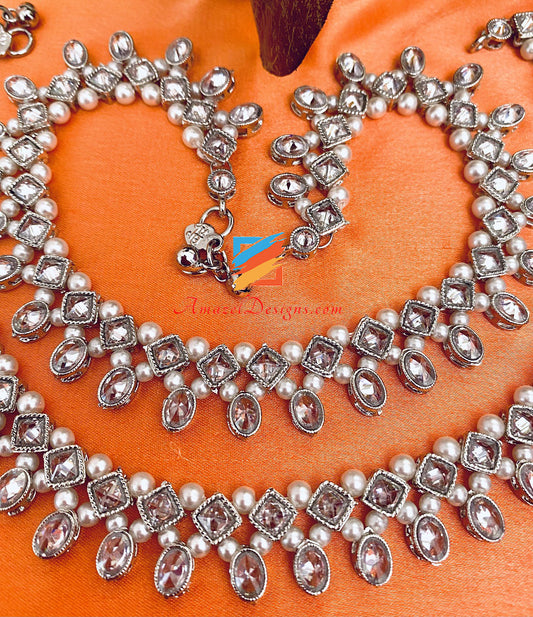 Silver Polki White Beads Payal