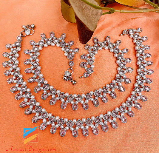 Silver Polki White Beads Payal