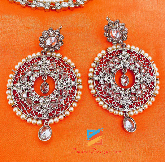 Silver Polki and Stones Long Rani Haar Necklace Earrings Tikka Set