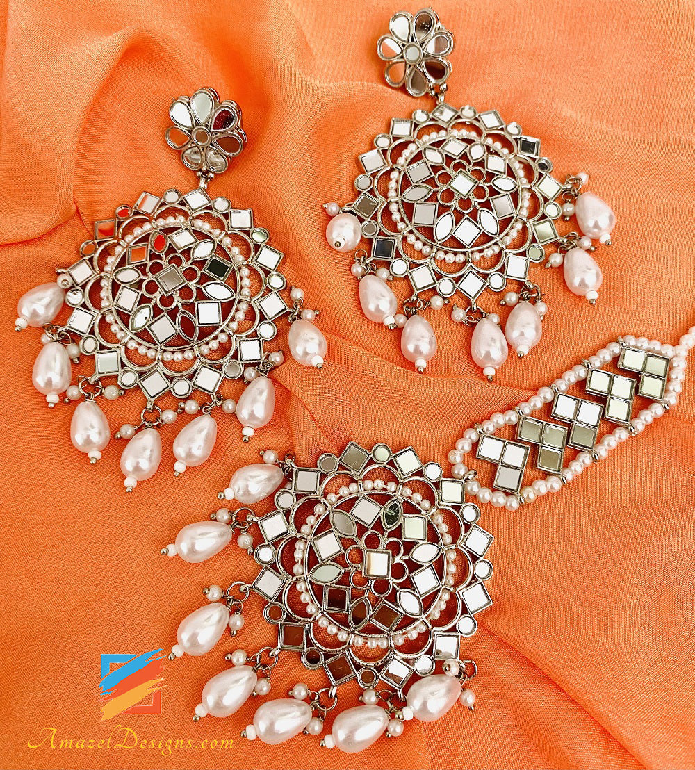 Silver Sheesha Earrings Tikka Set