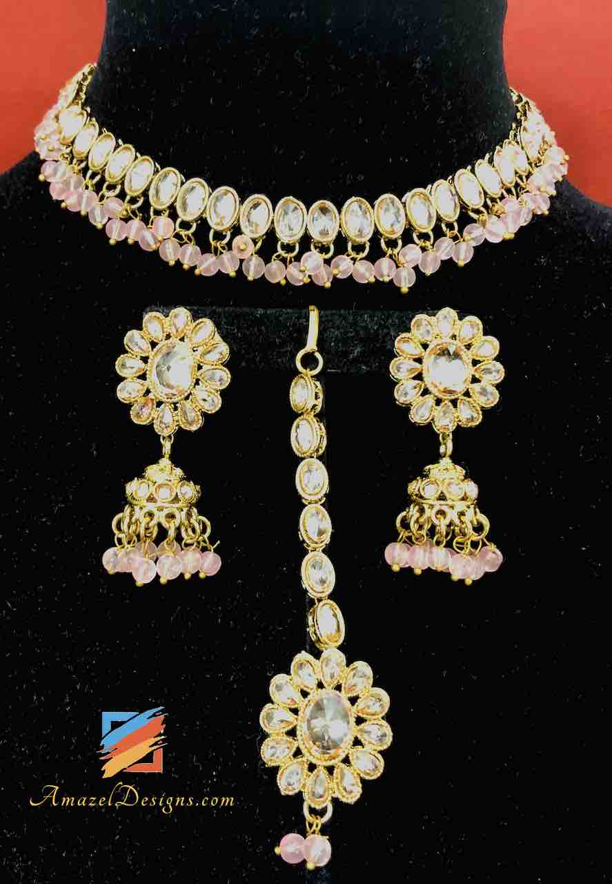 Single Line Polki Choker Jhumki Earrings Pink Beads Set