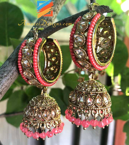 Polki Jhumki Waliyaan Dark Pink Beads