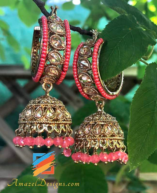 Polki Jhumki Waliyaan Dark Pink Beads