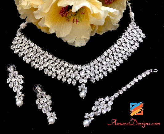 Splendid Silver Polki Necklace Earring Tikka Set