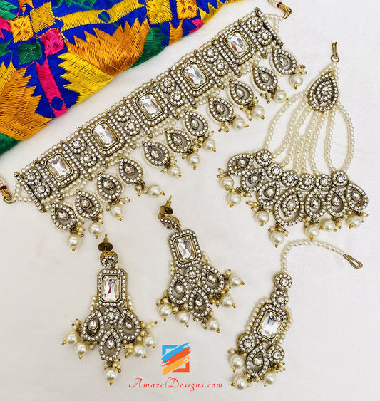 Stone Choker Necklace Earrings Tikka Passa Set