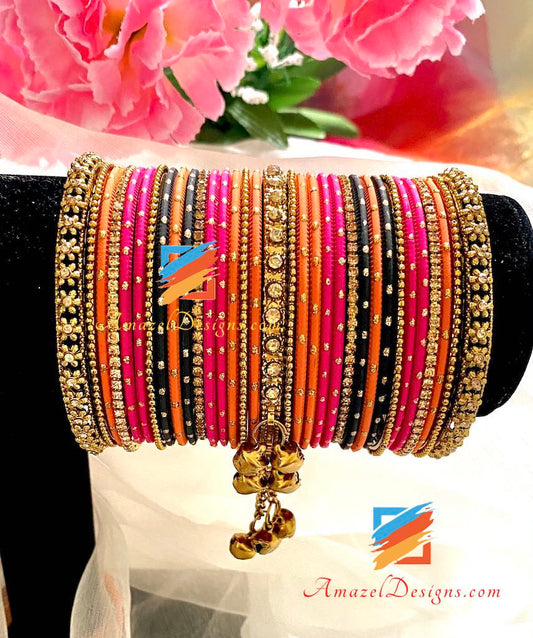 Stone Ghungroo Magenta Orange Black Bangle Set
