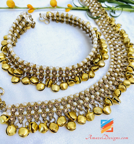 Stone Pearl Ghungroo Dull Gold Payal