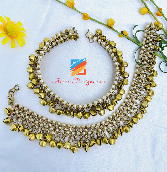 Stone Pearl Ghungroo Dull Gold Payal